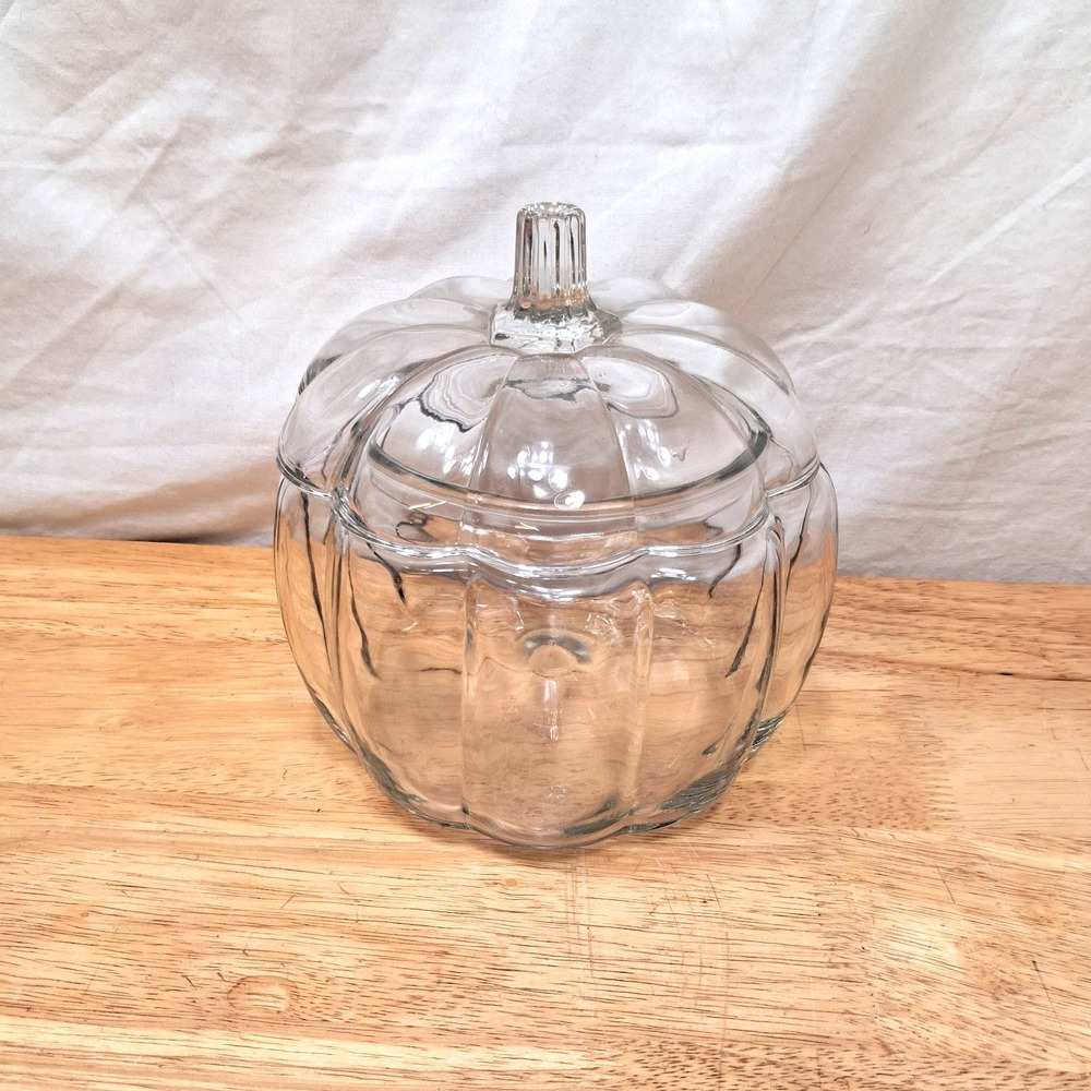 Vintage Anchor Hocking Clear Glass Pumpkin Candy Cookie Jar With Lid